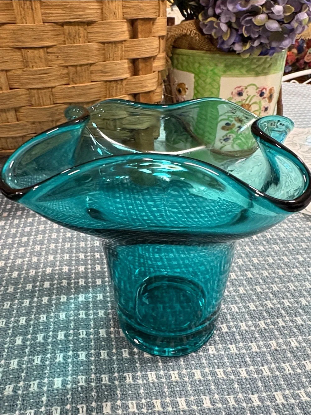Vintage MCM Teal Hand Blown ART GLASS HANDKERCHIEF VASE